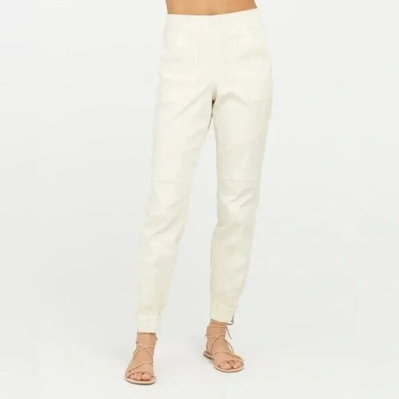 Spanx Stretch Twill Cargo Jogger Pant Size Large Beige Slimming Utility Minimal - Picture 1 of 12
